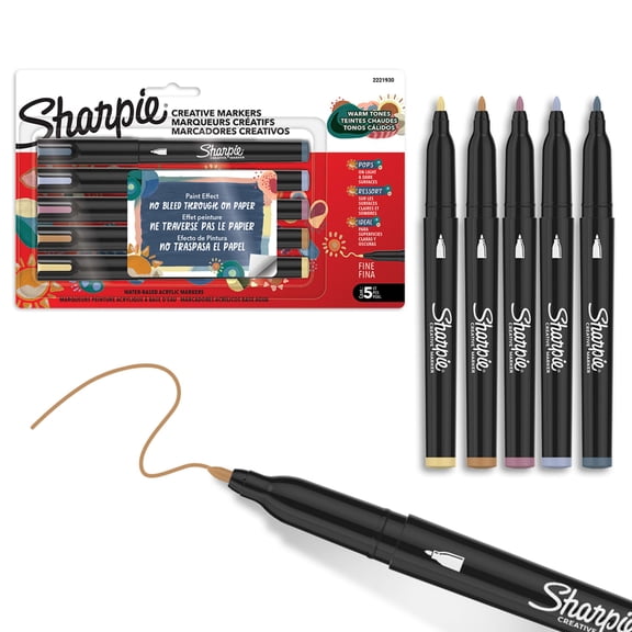 Sharpie Creative Markers, Warm Tones, Water-Based Acrylic Markers, Fine Tip, Assorted Colors, 5 Count
