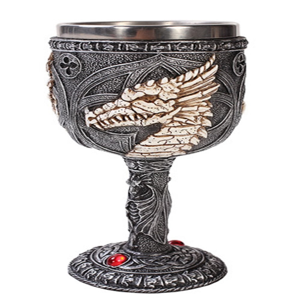 Medieval Dragon Wine Goblet Chalice Resin Body Stainless Steel Faux Stone 