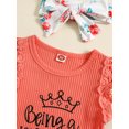 thumbnail image 5 of vera natura Baby Girl 3 Piece Summer Set, Letter Print Fly Sleeve Ribbed Romper Layered Hem Shorts Bow Headband Outfits, 5 of 7