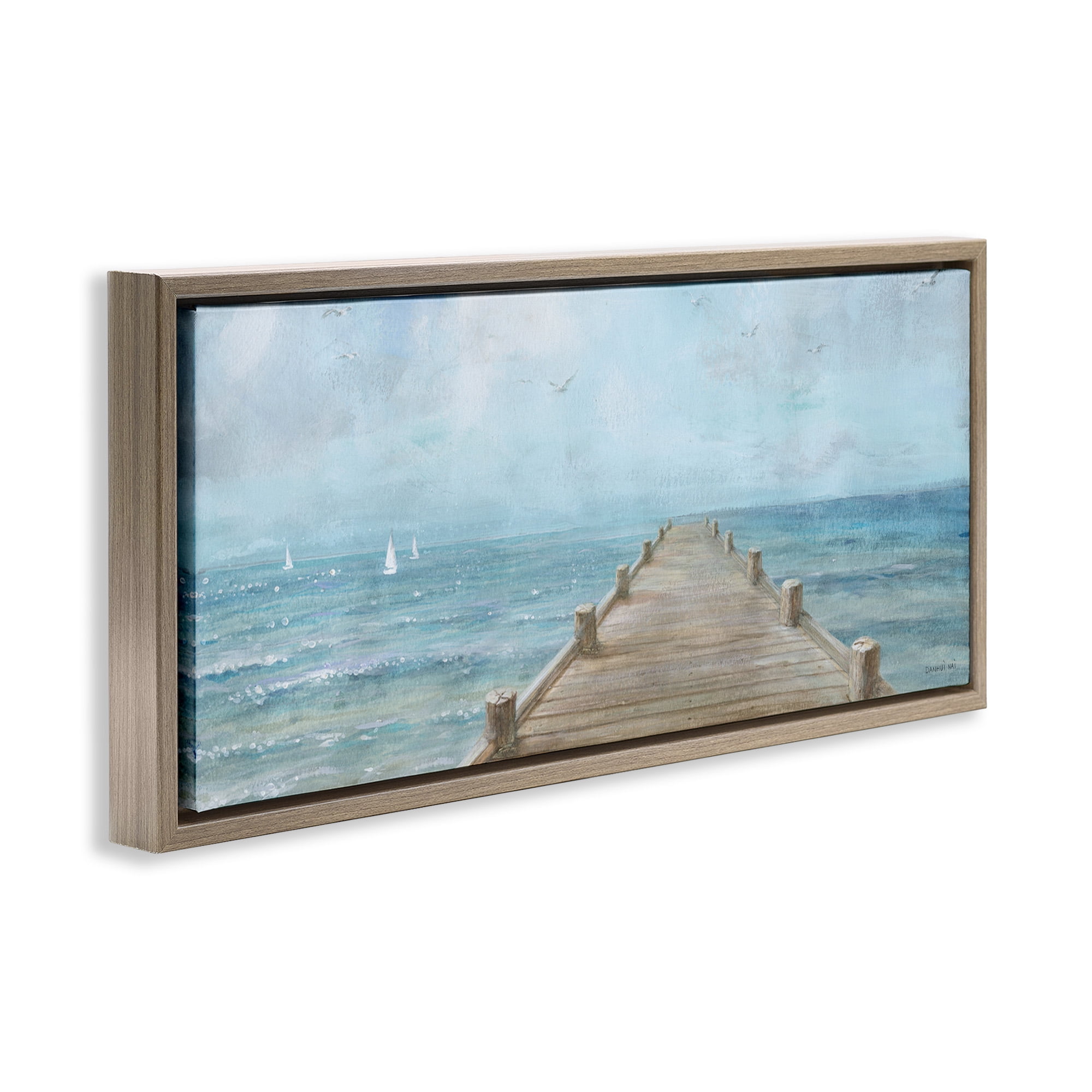 Stupell Industries Waterfront Pier Coastal Ocean View Nature Painting Brown Floater Framed Canvas Art Print Wall Art, 25 x 11