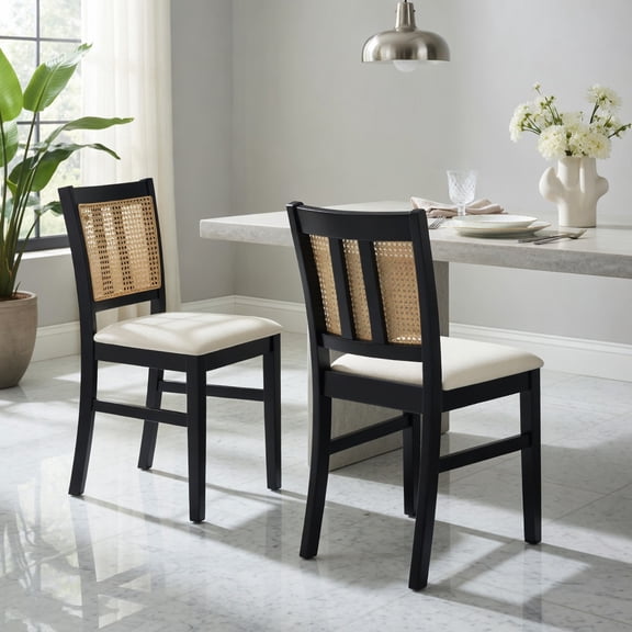 Demi Bonn Farmhouse Rattan Dining Chair Set of 2, Cane Back, Rubber Wood Legs, Padded Seat, Beige