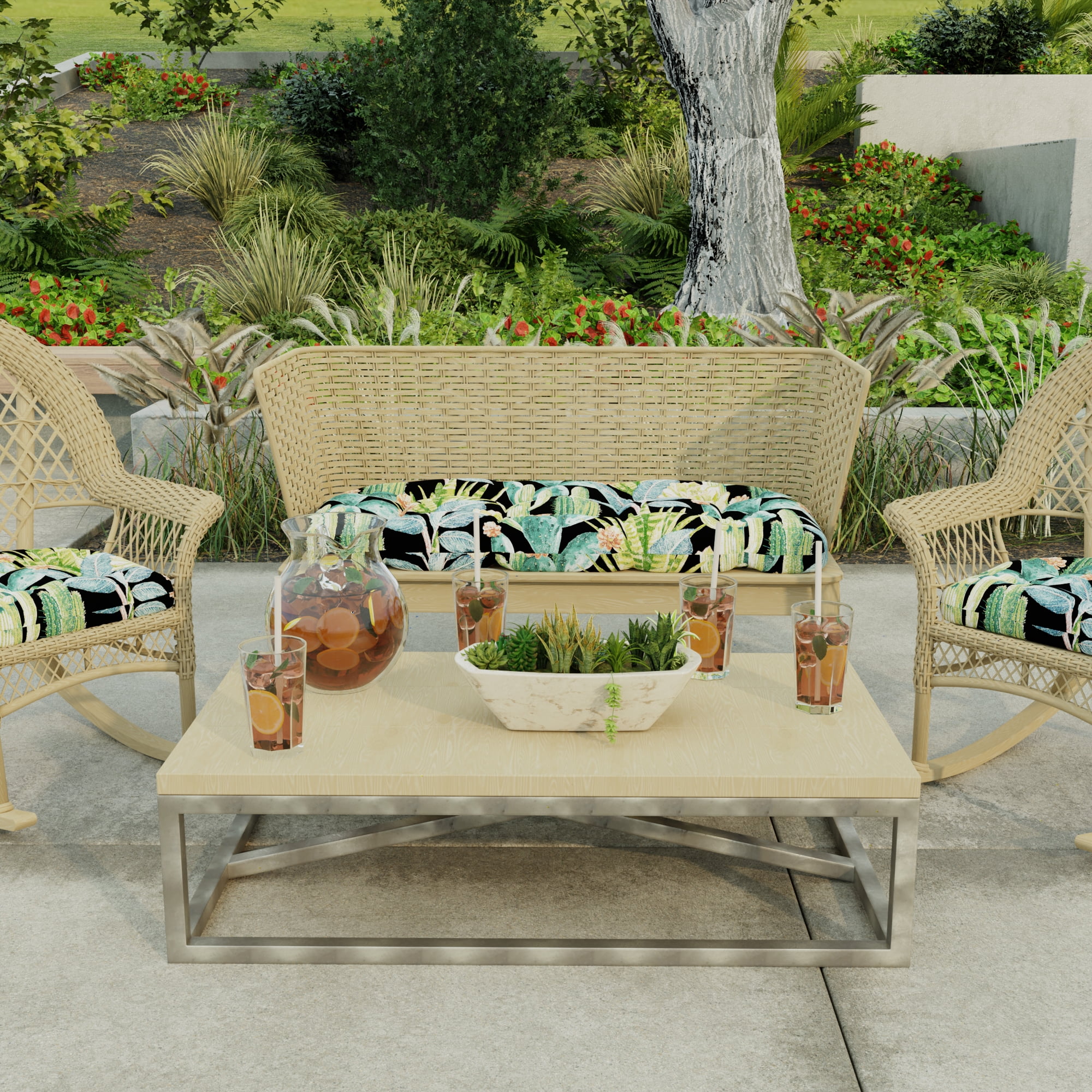 Jordan Manufacturing 44" x 18" Hatteras Ebony Black Floral Rectangular Tufted Contoured Outdoor Wicker Settee Bench Cushion