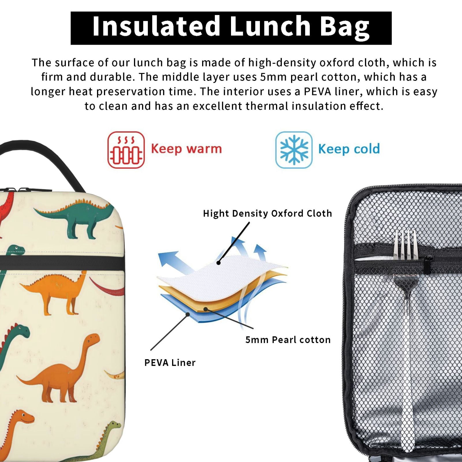 Lunch Bag For Women Men Insulated Portable Lunch Box Bento Box Office Picnic Travel Cooler Bag Multicolored Dinosaurs
