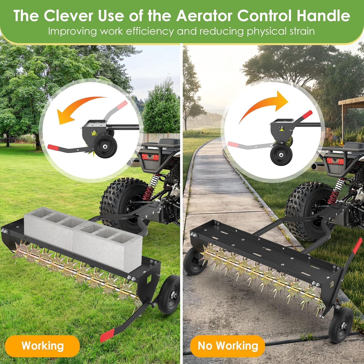 DKMOCO 40" Tow Behind Spike Aerator, Heavy Duty Rolling Lawn Aerator with 3D Steel Tines & Weight Tray and Folding Shovel for Lawn Garden Farm
