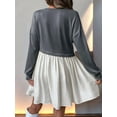 thumbnail image 3 of Women'S Color Block Round Neck Long Sleeve Ruffle Hem Casual A Line Short Dress Dark Gray L, 3 of 7