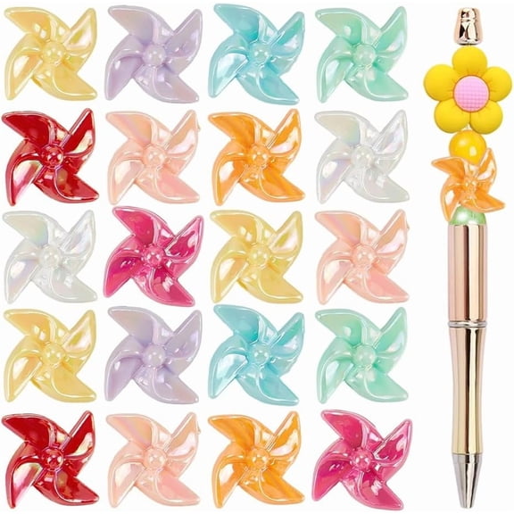 60Pcs Focal Beads for DIY Pens Acrylic Colorful Windmill Focal Beads Bling Glitter Opaque Windmill Bead for DIY Beadable Pen Keychain Jewelry Making Bracelet Neckalce Crafts Charms