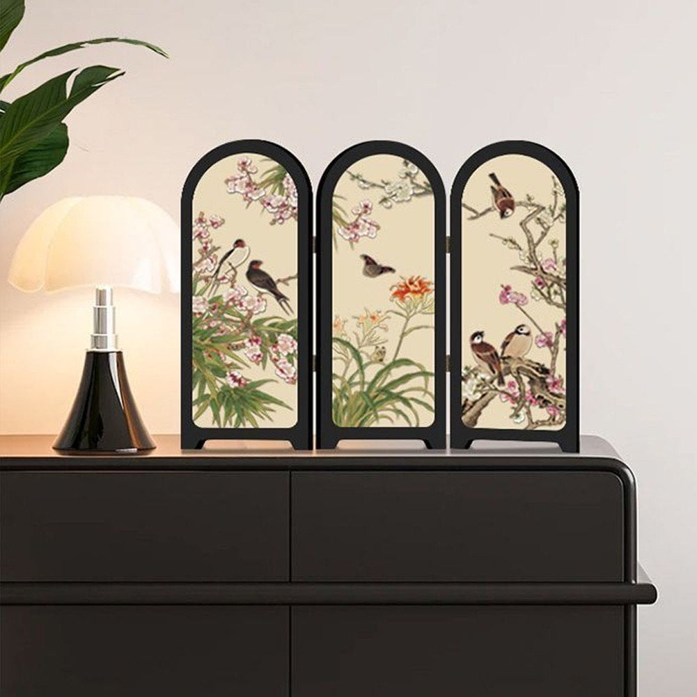Jiibva Mini Folding Screen, 3 Panel Divider, Chinese Style Vintage Desktop Folding Screen Feng Shui Ornaments for Home Office New Year Decoration