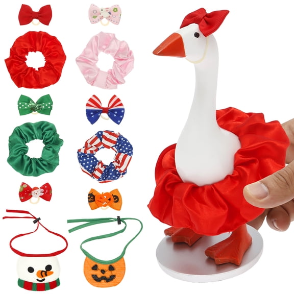 7in Mini Desk Goose with 12pcs Outfits Mini Magnetic Desktop Goose Statue Key Holder with Bow Headband Bib Dress for Table Decor