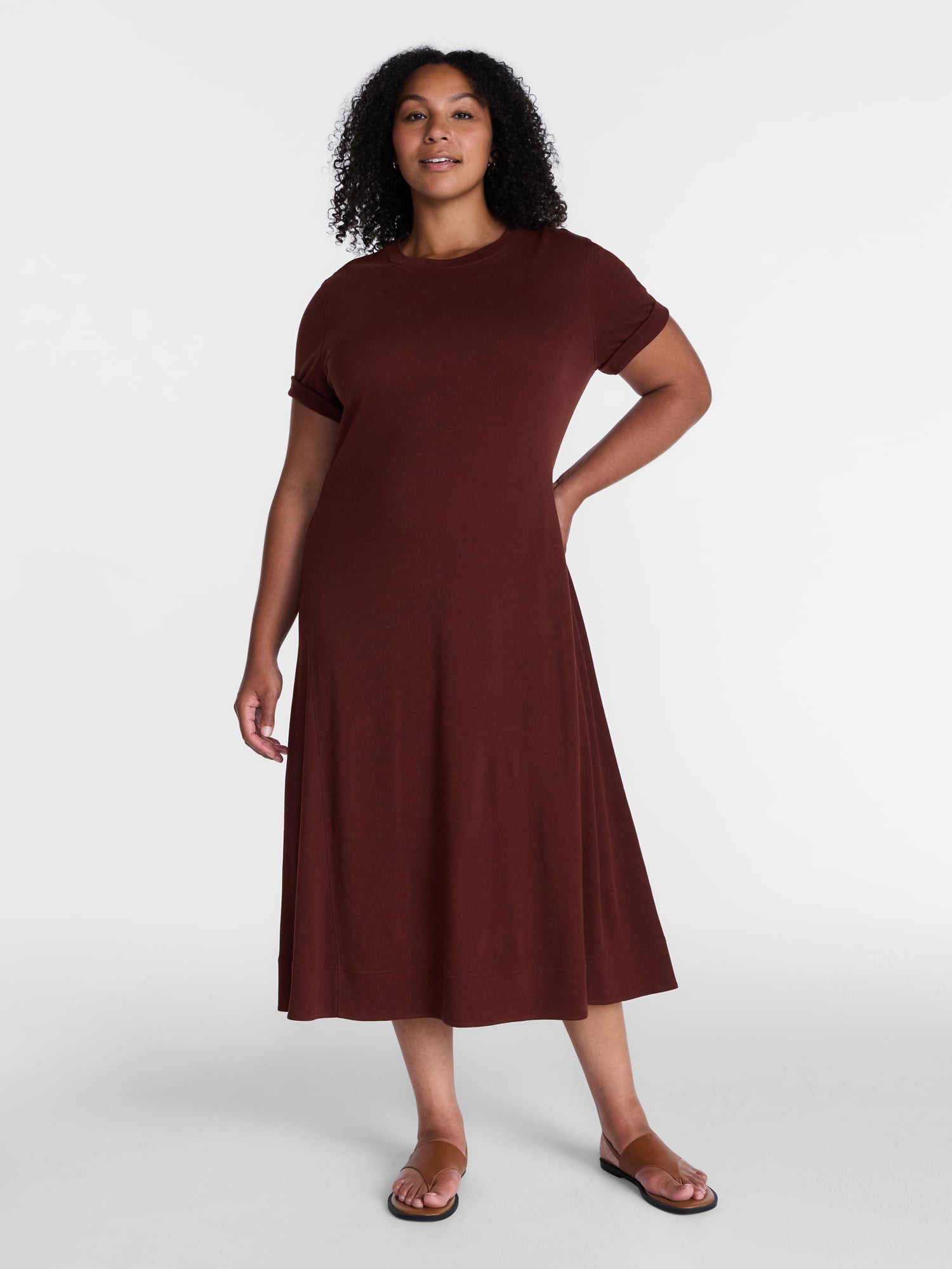 Time and Tru Women's and Women's Plus Seamed Cotton Midi Dress, Sizes XS-4X