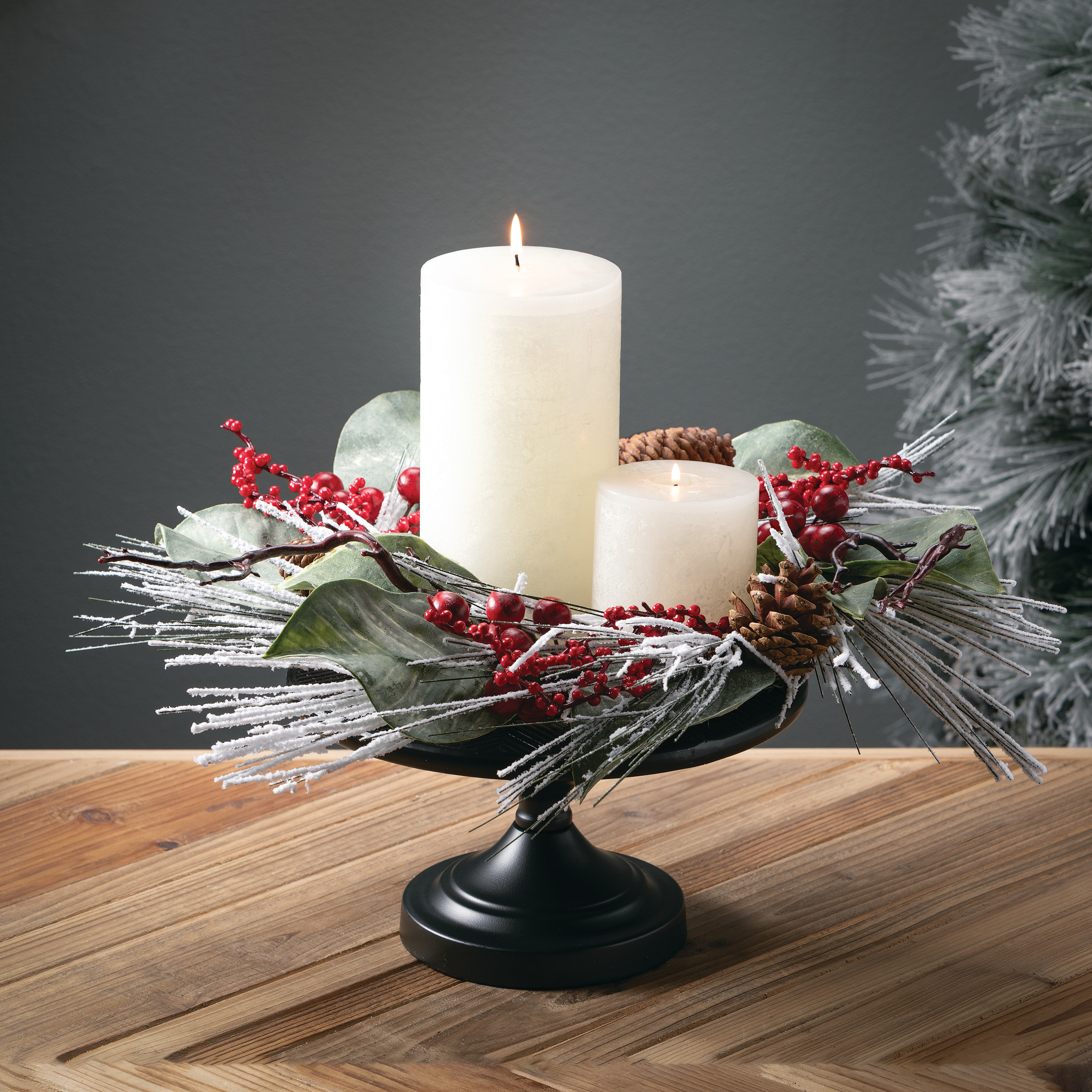 19"H Sullivans Snowy Long Pine & Berry Christmas Mini Wreath, Green