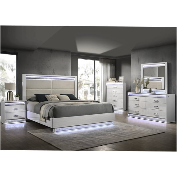 JERFIT 5-Piece Queen LED Bedroom Set with Upholstered Platform Bed, Dresser, Mirror, Nightstand & Chest, Modern White Wood Bedroom Furniture