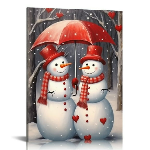 JRXY Christmas Snowman Canvas Wall Art Couple Snowman Picture Rustic Winter Painting Living Room Decor Frame 16x20in 12x16 in