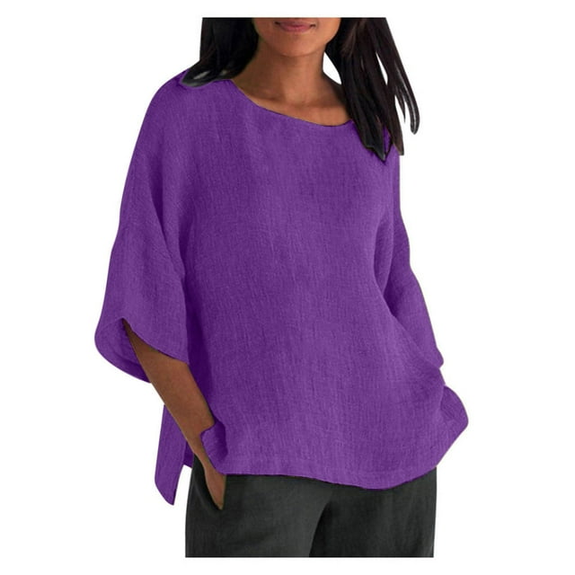 aidice Chemises Grande Taille pour Femmes Coton Lin Manches 3/4 Légères Col Rond Fendu sur le Côté Blouses Tops