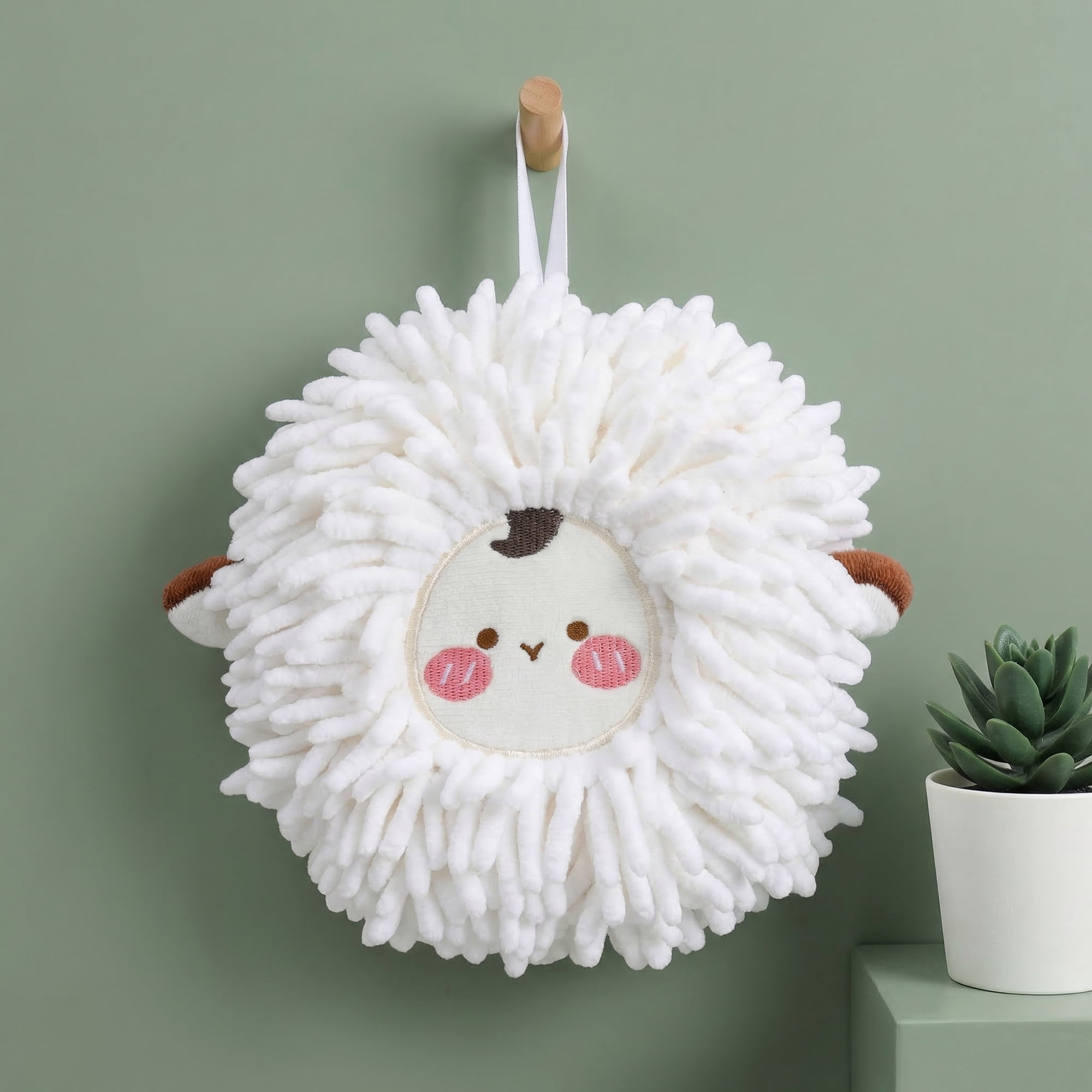 Unique Bargains Cute Sheep Chenille Hanging Hand Towel for Bathroom White/Pink 6" x 6"