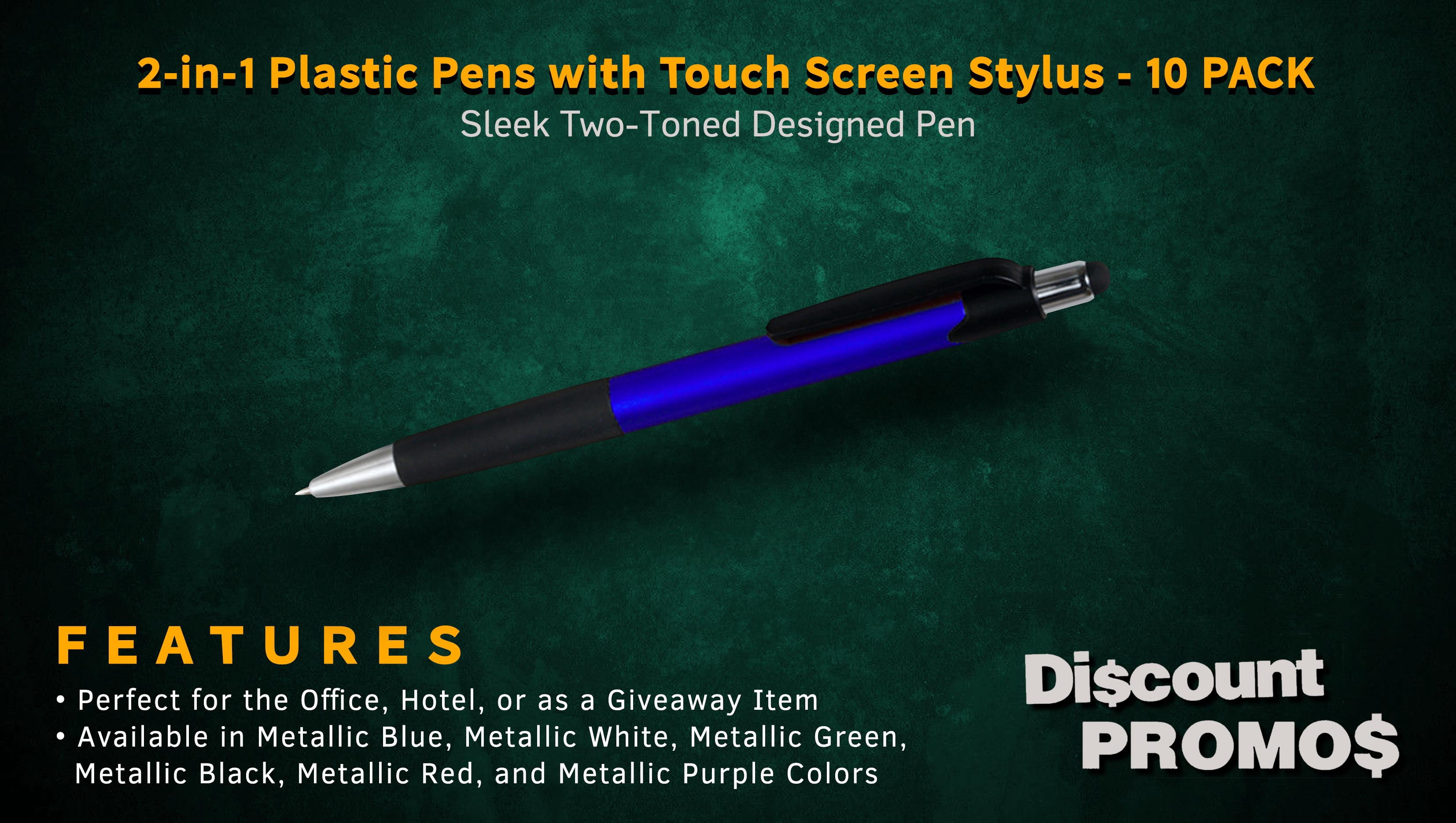 Pens with Touch Screen Stylus - 10 pack - Plastic Pens - Metallic Blue