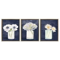 Stupell Industries Navy Blue Flower Bouquets Botanical & Floral Painting Brown Floater Framed Canvas Art Print Wall Art, 17 x 21, Set of 3
