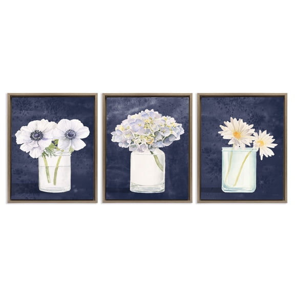Stupell Industries Navy Blue Flower Bouquets Botanical & Floral Painting Brown Floater Framed Canvas Art Print Wall Art, 17 x 21, Set of 3