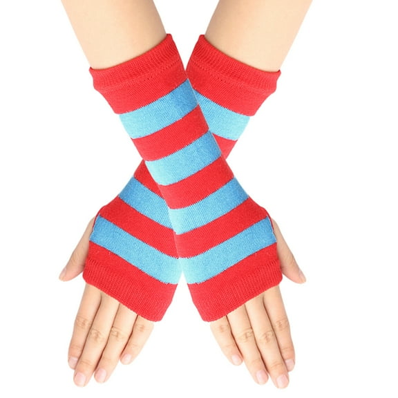 Nvzi-a Fingerless Gloves for Women Wrist Fingerless Gloves with Thumb Hole Winter Warm Fingerless Gloves Stretchy Half Finger Gloves for Women Men-Red Blue