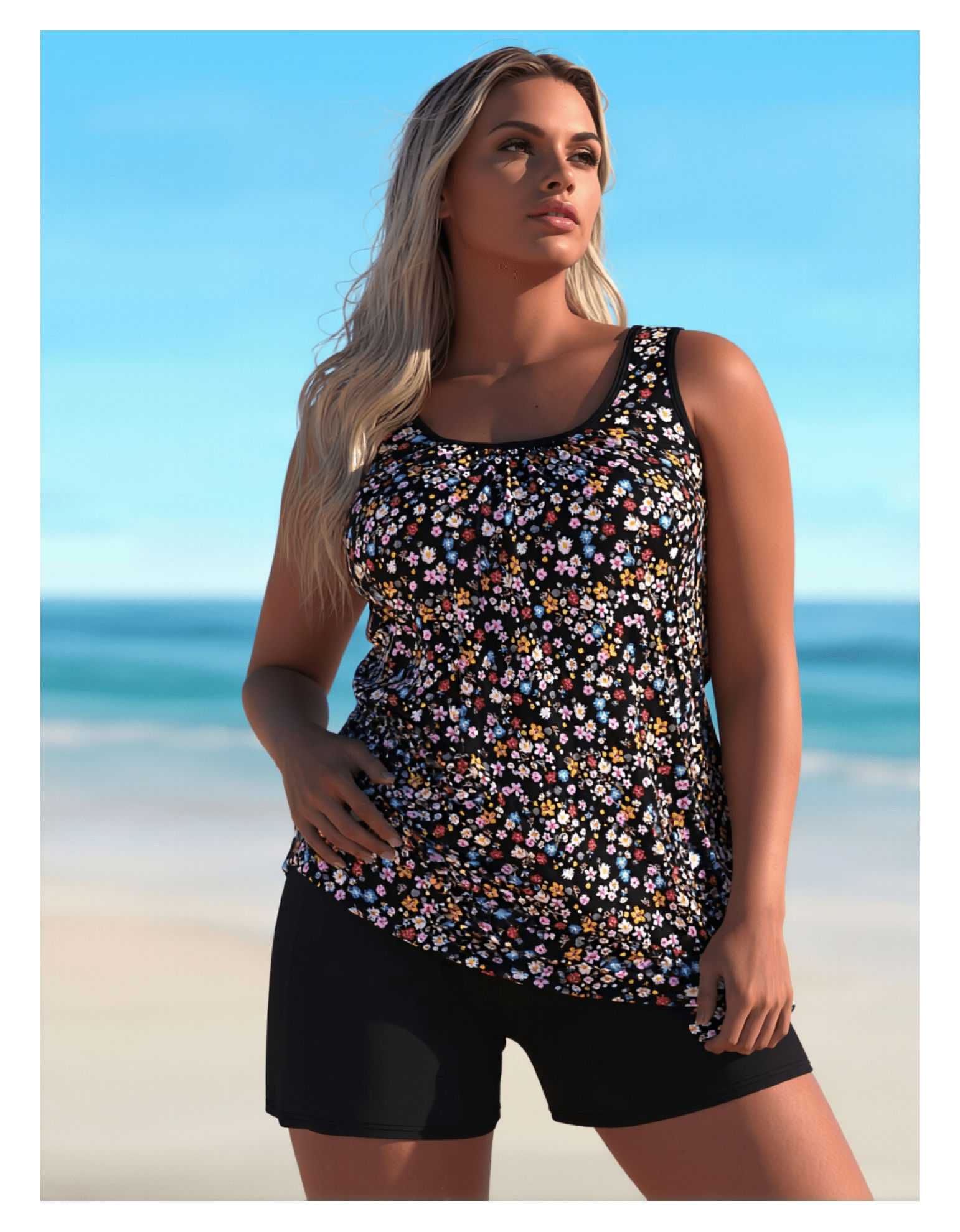 Women's Ditsy Floral Print Tankini - Black Boyshort Swimwear Set, Two Piece Plus Size Bathing Suit Sizes XL to 4XL