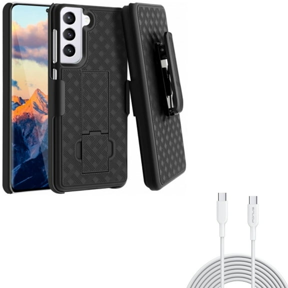 6ft Long Type-C Cable w Case Belt Clip for Samsung Galaxy S21 - PD Fast Charger Cord Power Wire, Holster Swivel Cover