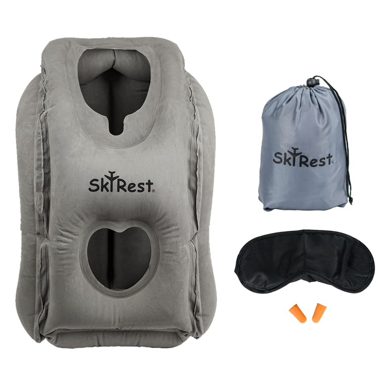 Skyrest Inflatable Travel Pillow - Airplane Pillow for Neck Support on Long  Flights, Buses, Cars, Office & Trains - Comes with Eye Mask, Earplugs 