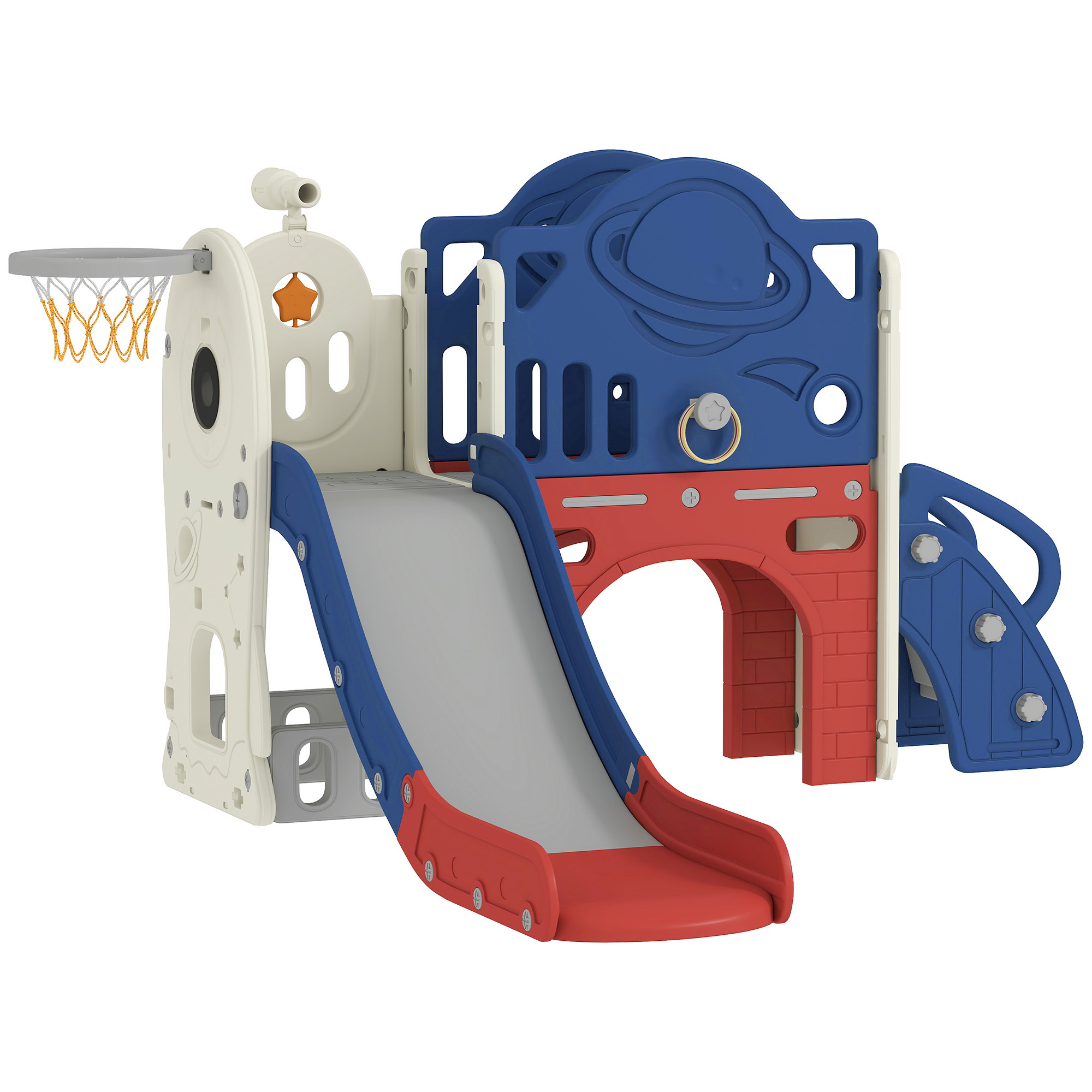 8-in-1 Toddler Slide Set, Multi-Color HDPE PP Mini Playground with Non-slip Steps Extended Slide Basketball Hoop, Indoor Outdoor Compact Play Set for Kids Age 1-8