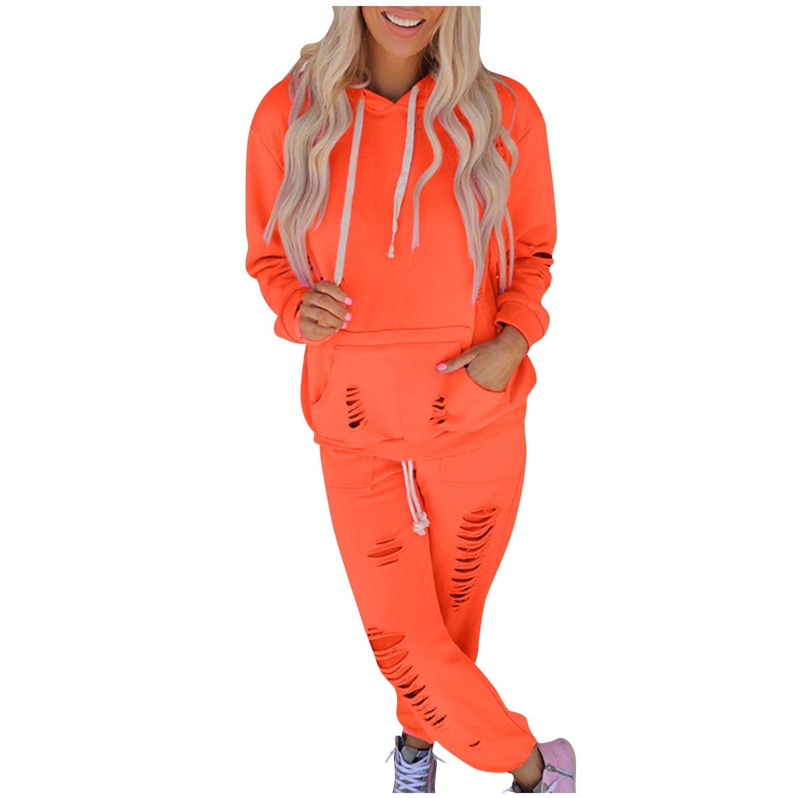 Women Casual Ripped Hole Pullover Hoodie Sweatshirts Jogger Pants 2 Piece  Athletic Sport Outfits Set with Pockets - Walmart.com