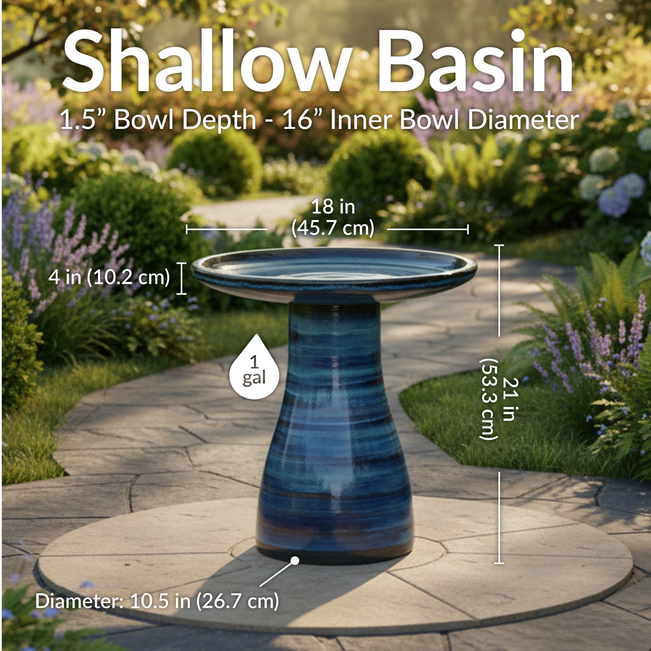 Sunnydaze Freestanding Ceramic Outdoor Bird Bath, Glazed, UV-Resistant Galaxy Blue Finish