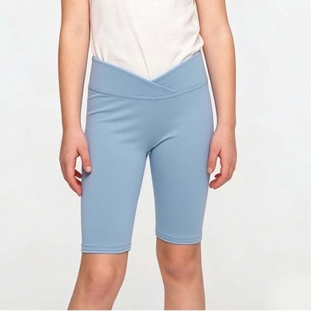 ITSAME Girls Athletic Shorts V Cross Waist Stretch Slim Quick-Dry Kids Sport Workout Shorts Light Blue