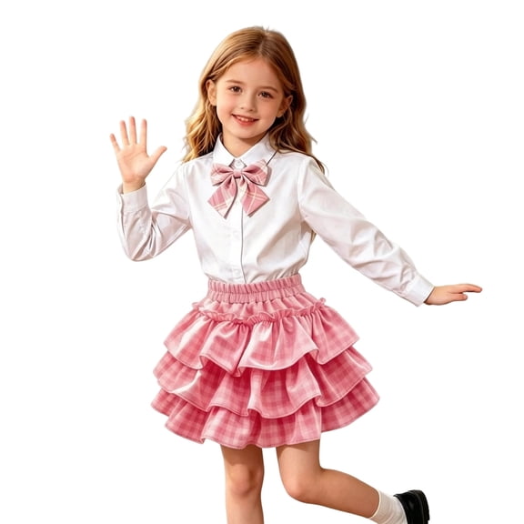 WAYUTE Uniform Skirts for Girls Red Elastic Waisted Plaid Pleated Ruffle Layerd Cute A Line Tutu Cake Skirt Casual Outdoor,7-8 Y