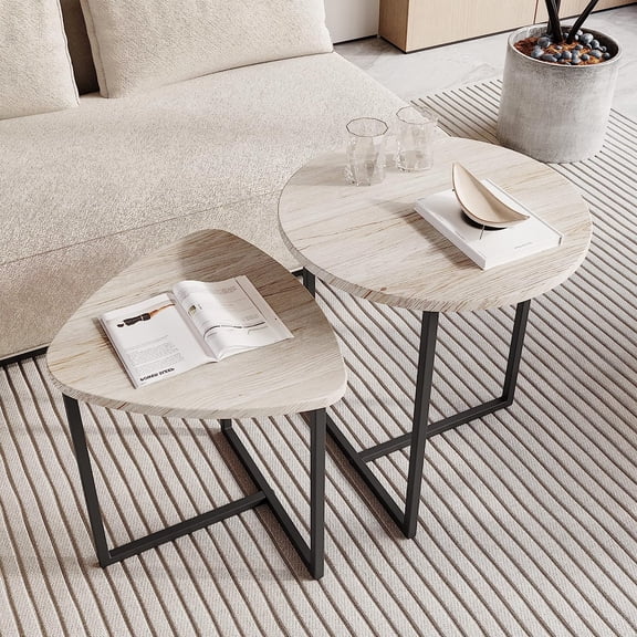Round Coffee Table Set of 2 End Tables for Living Room,Black Small Coffee Table Living Room Table,Metal Frame & Wood Look,Sturdy and Easy Assembly,Stacking Side Tables Bedroom,White