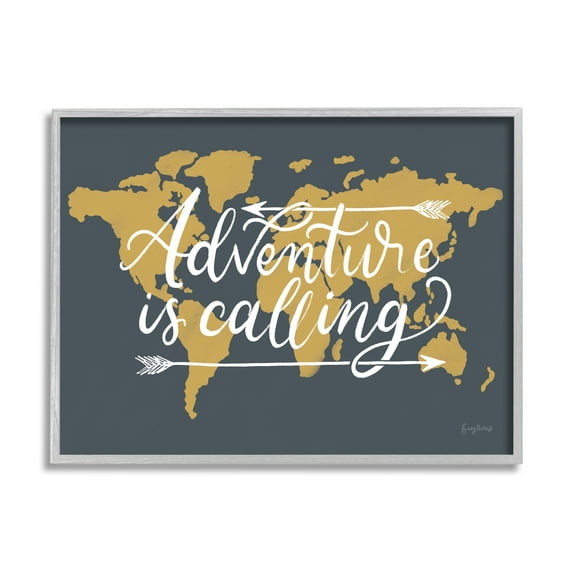 Stupell Industries Adventure is Calling Phrase Arrows over World Map Inspirational Painting Gray Framed Art Print Wall Art, 11 x 14
