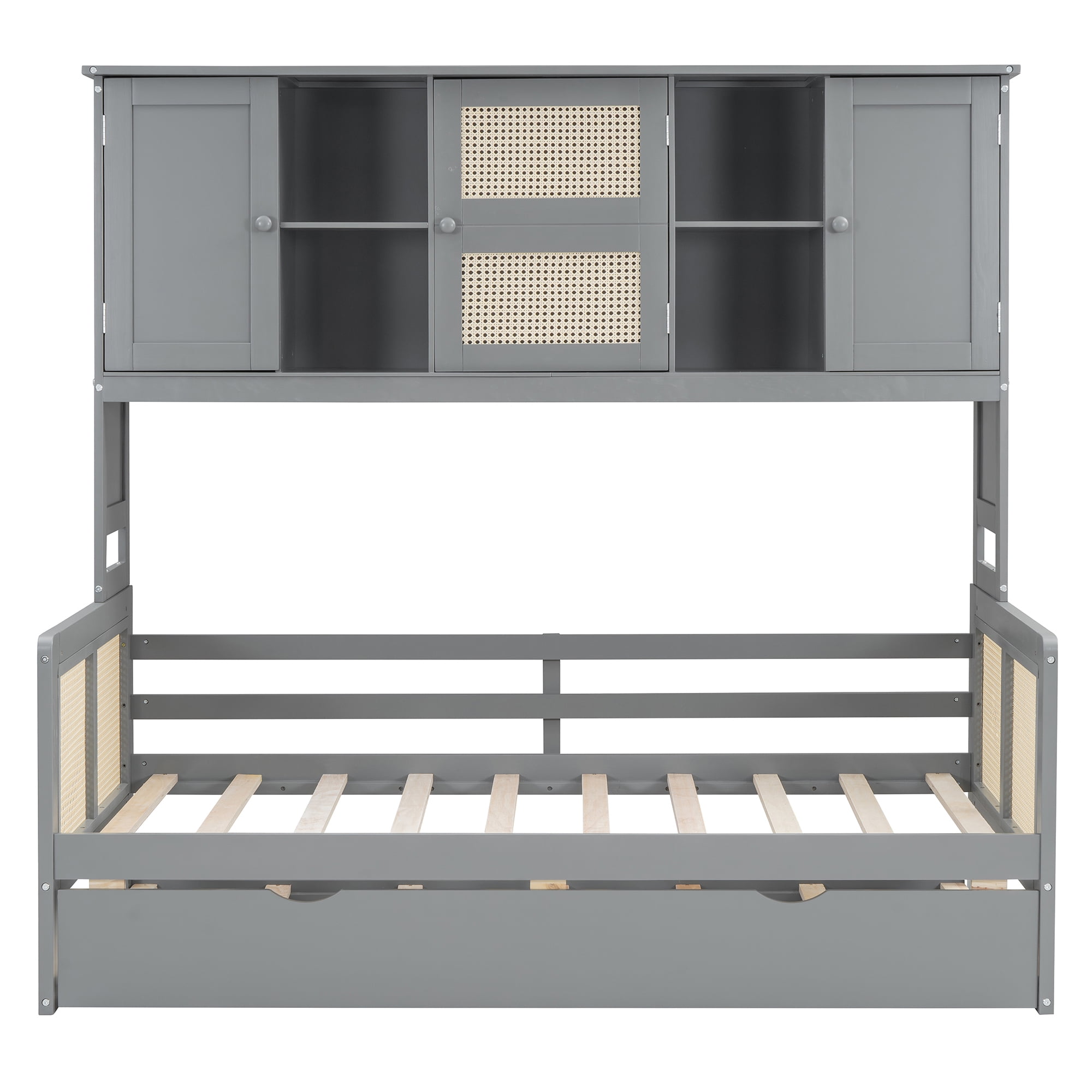 Euroco Wood Twin Size Platform Bed with Trundle, Captain Bed with Cabinets and Shelves, Gray