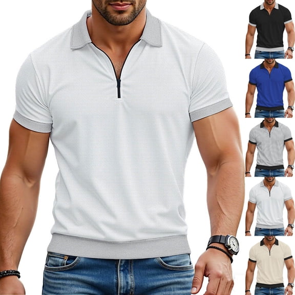 BRGZLK Men's Short Sleeve Solid Color Loose Polo Shirt Quarter Zip Golf T-Shirts Versatile Summer Pullovers Business Casual Collared Tee Tops