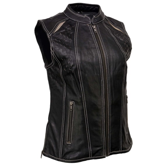 Milwaukee Leather MLL4507 Women's Black Leather Purple Accented Laser Cut Vented Scuba Style Motorcycle Rider Vest Medium