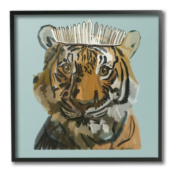 Stupell Industries Tiger in Tiara Portrait Animals & Insects Painting Black Framed Art Print Wall Art, 12 x 12