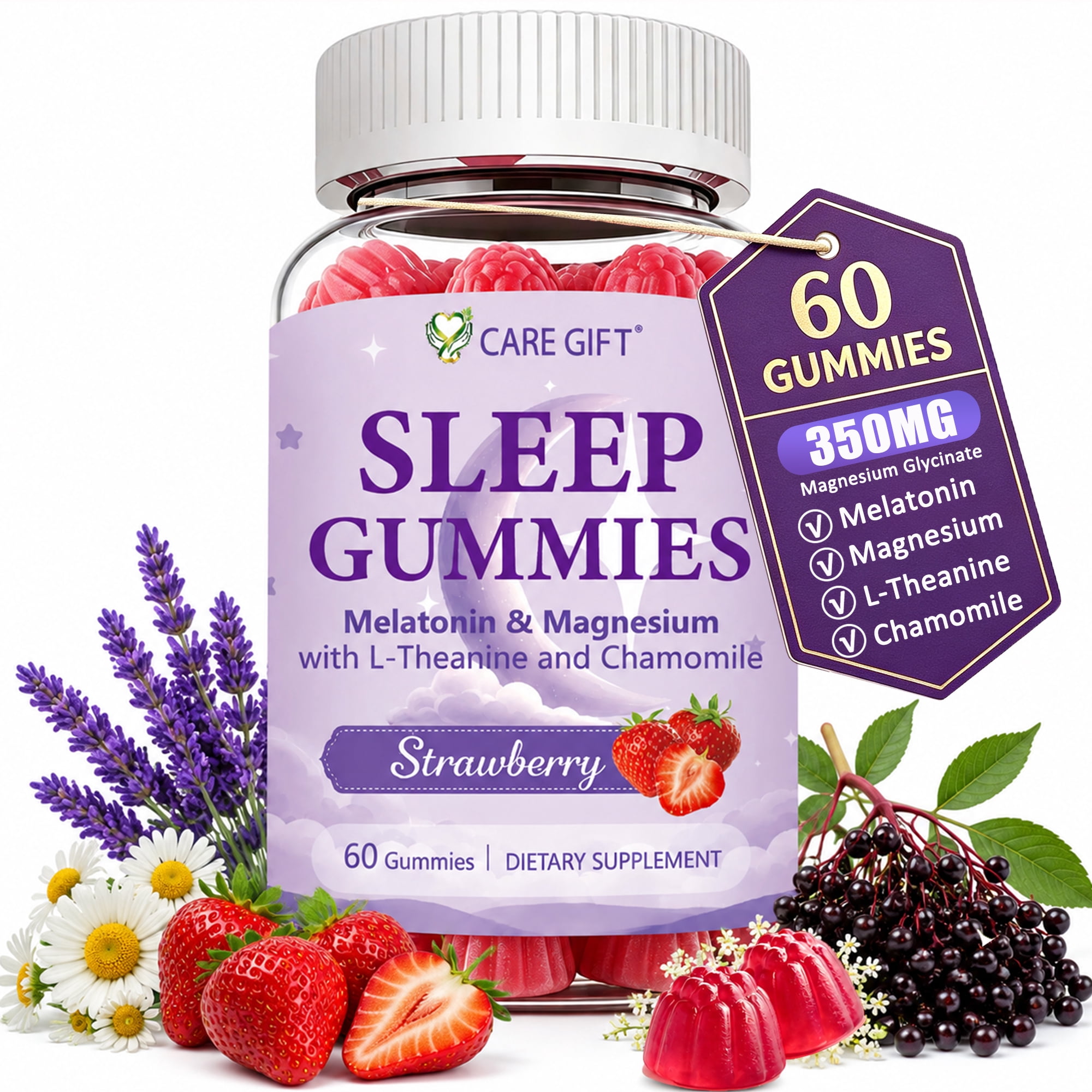 Sleep Gummies with 5mg Melatonin, 30-Day Supply |Elderberry, Magnesium, L-Theanine, Chamomile, Lavender, Drug-Free Sleep Aid, Gluten & Gelatin Free, Non-GMO, Strawberry Flavor | 60 Gummies