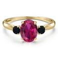 thumbnail image 3 of Gem Stone King 10K Yellow Gold Red Created Ruby and Black Onyx 3-Stone Ring for Women | 1.55 Cttw | Oval 8X6MM | Gemstone July Birthstone | Size 9, 3 of 6