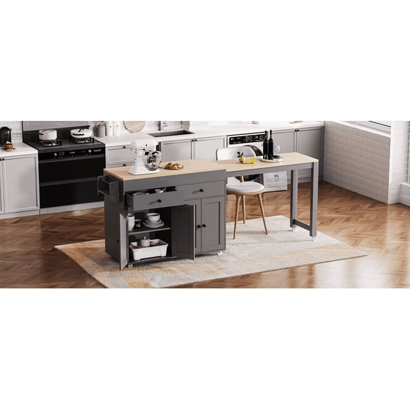 K&K Îlot de Cuisine de 74,5 Pouces avec Table à Manger Extensible, Îlot de Cuisine Roulant sur Roulettes avec Porte-Épices et 2 Tiroirs, Chariot de Rangement de Cuisine avec Armoire à 4 Portes, pour Cuisine, Salle à Manger, Gris