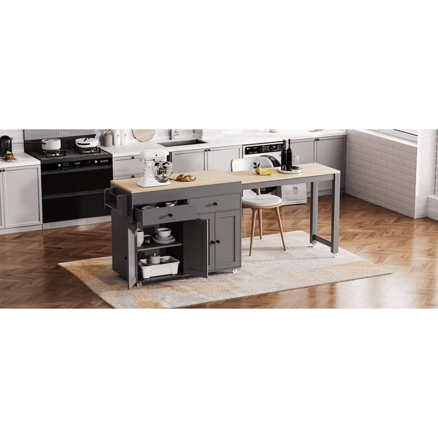 K&K 74.5 inch Kitchen Island with Extendable Dining Table , Rolling Kitchen Island on Wheels with Spice Rack and 2 Drawers, Kitchen Storage Cart with 4 Door Cabinet, for Kitchen, Dining Room, Grey