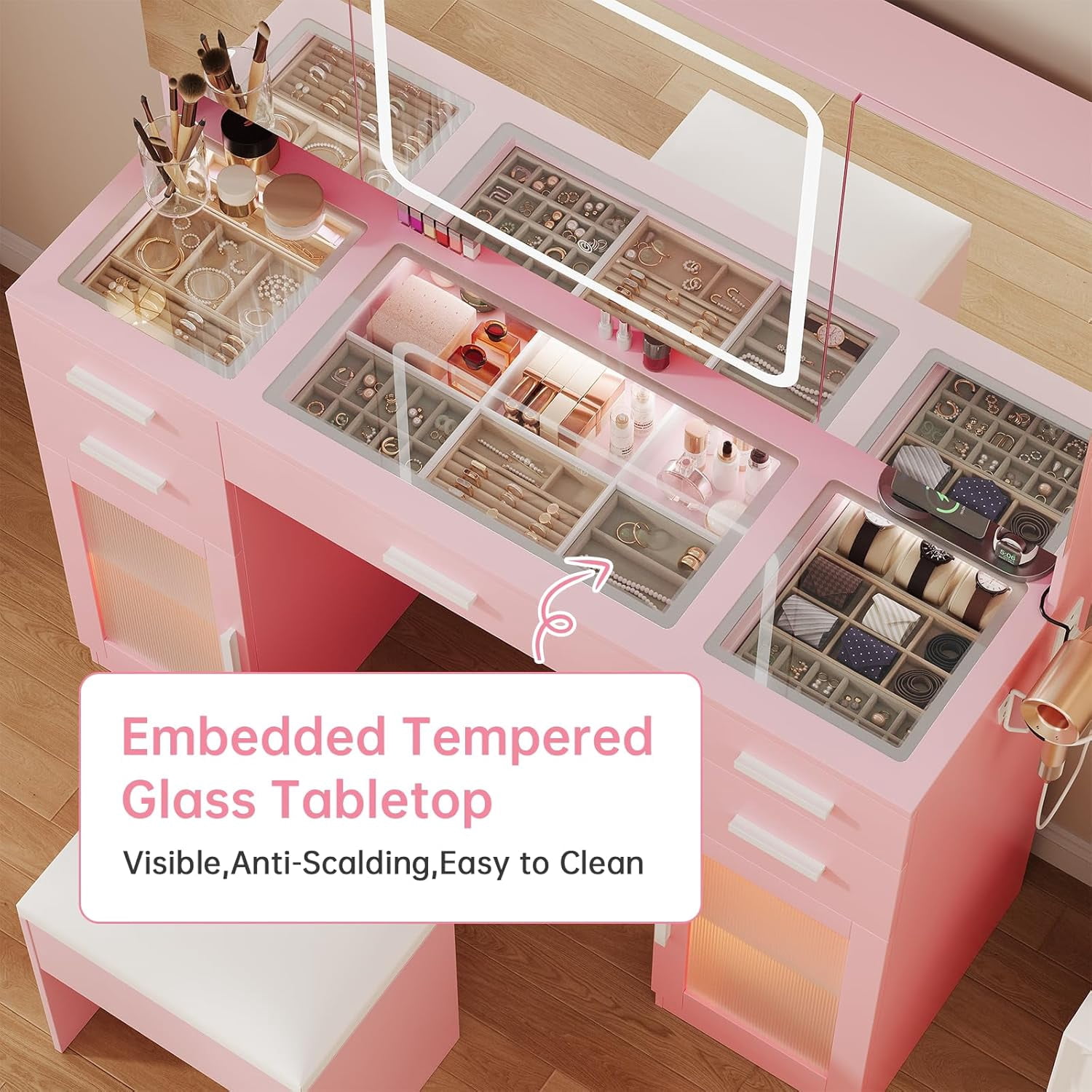 Makeup Vanity Desk with Lights and Mirror, Glass Top Vanity Set with Power Outlet, 3 Lighting Modes, Adjustable Brightness, Dressing Table for Bedroom, Pink