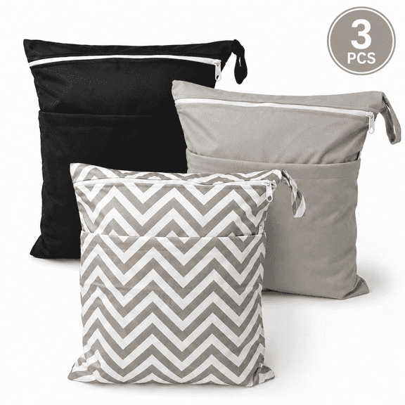 Wet Dry Bags for Cloth Diapers Travel,Swimsuit,Beach,Pool,Gym,Wet Clothes Bag with 2 Pockets 3 Pack