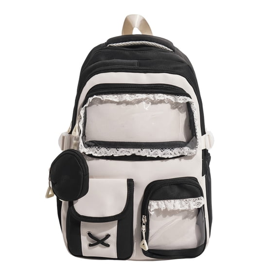Backpack for kids with Cute Bow Tie Printed School Bag Clear Front Pocket & Lace Trim Detail Bookbag Kawaii Casual Travel Daypack Bag for Student