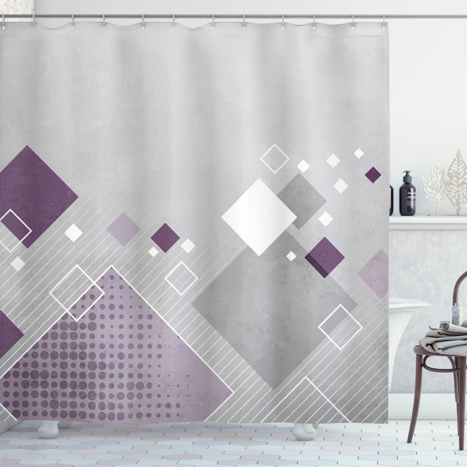 Black and White Geometric Patterns Grid Squares Shower Curtain Waterproof Fabric 
