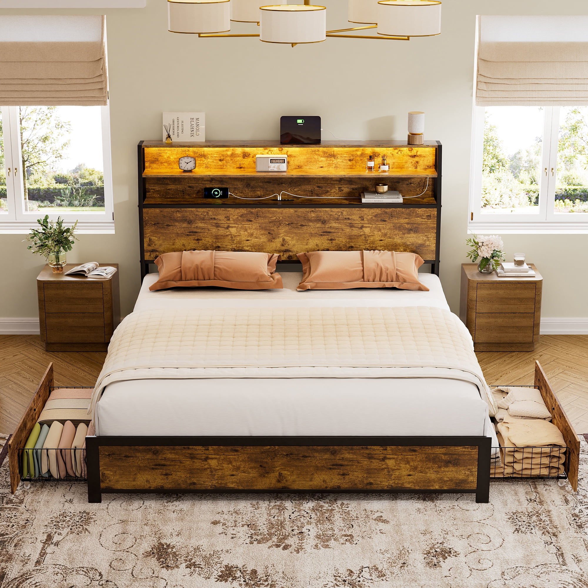 GUNAITO Queen Bed Frame with Storage Headboard, 2 Drawers Platform LED Bed Frame with USB Ports & Outlets Rustic Brown