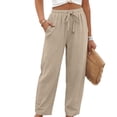 thumbnail image 2 of Linen Pants for Women Beach Vacation High Waist Elastic Drawstring Straight Leg Long Trousers with Pockets, 2XL, 2 of 7