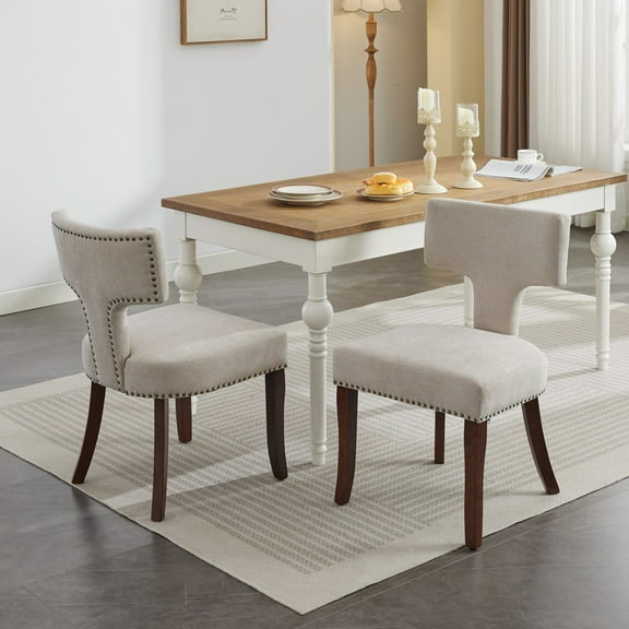 Mid Century Modern Dining Chairs Set of 2, Farmhouse Linen Fabric Upholstered Chair with Copper Nails & Hardwood Frame - Beige