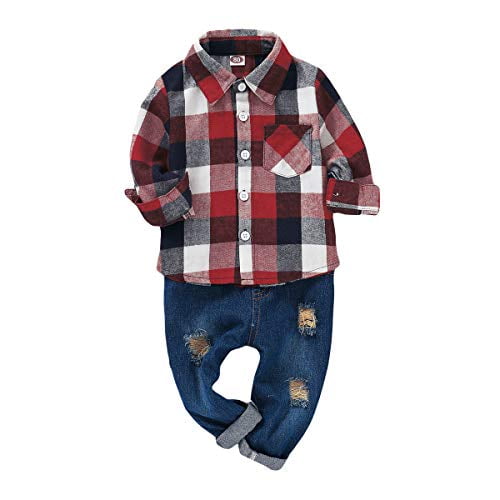 2Pcs Baby Boys Girls Toddler Infant Red Plaid Flannel Shirt Elastic Waist Ripped Holes Soft Jeans Outfit Set 18 24 Months Red Grey