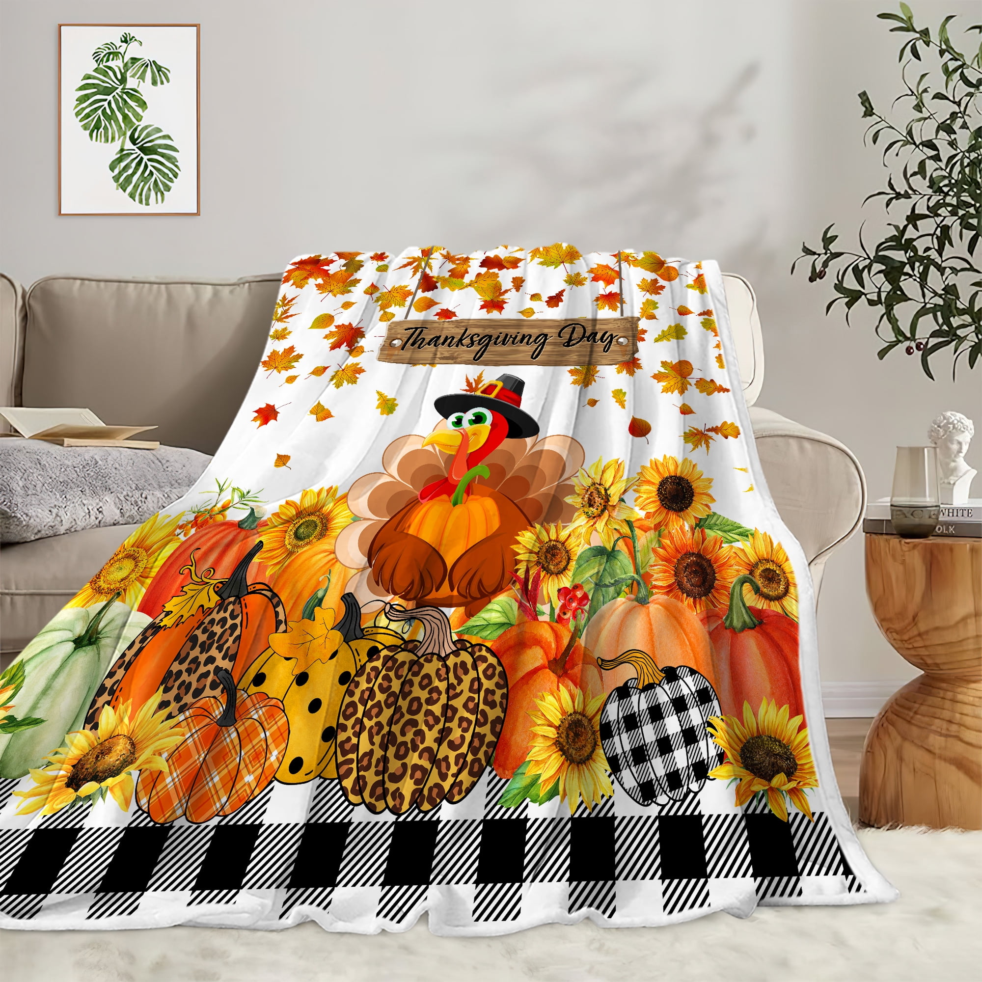 Flannel Throw Blanket Bedding Thanksgiving Turkey On Cornucopia Orange Pumpkin and Maple hot Leaf Fleece Blankets, Suitable for All Season