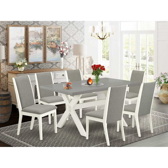 East West Furniture X096LA206-7 7-Piece Modern Dining Room Table Set a Good Cement Color Wood Dining Table Top and 6 Wonderful Linen Fabric Kitchen Chairs with Stylish Chair Back, Linen White Finish